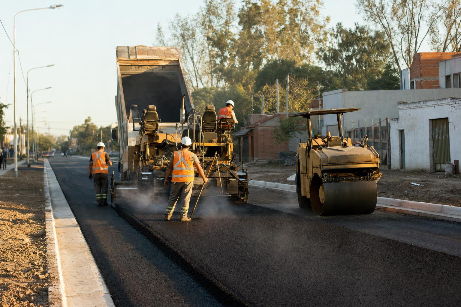 Equipo de obra ejecutando pavimento asfáltico en una avenida urbana