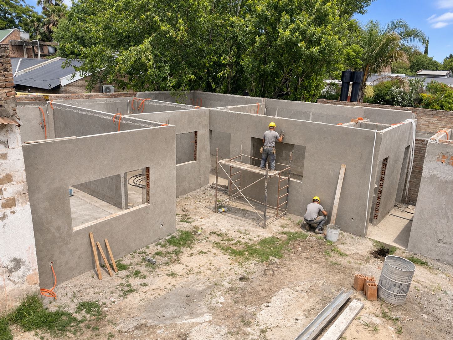 Operarios revocando muros de una vivienda en obra