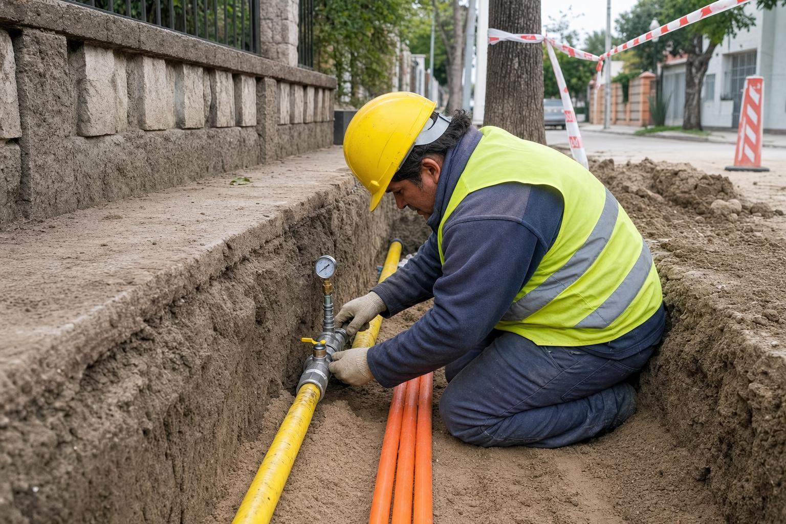 Operario conectando una cañería de gas junto a conductos para fibra óptica en una zanja