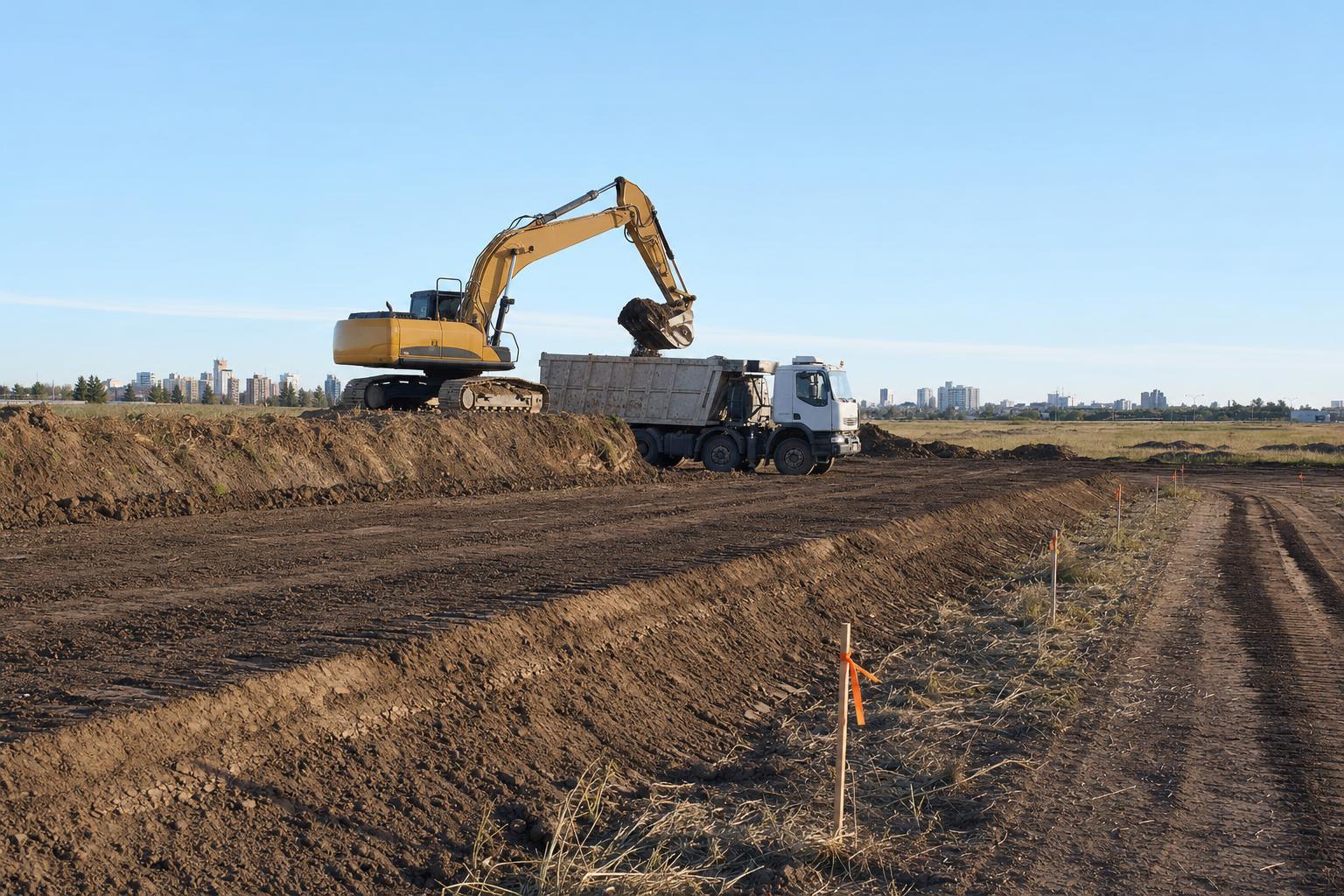 Excavadora cargando suelo en un camión durante un movimiento de suelos